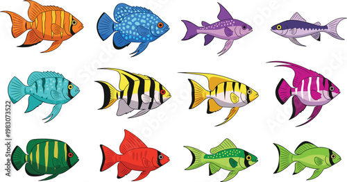 Colorful Fish Vector Set Featuring Tropical Species Like Angelfish, Dwarf Gourami, and Neon Tetra for Aquatic and Aquarium Illustrations