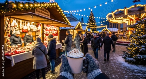 Holiday market with festive lights.