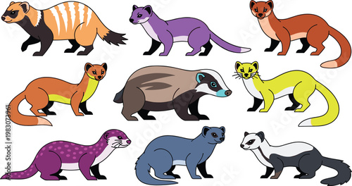 Colorful Weasel, Badger, and Otter Vector Set Featuring Various Species for Wildlife, Mammal, and Animal Illustrations