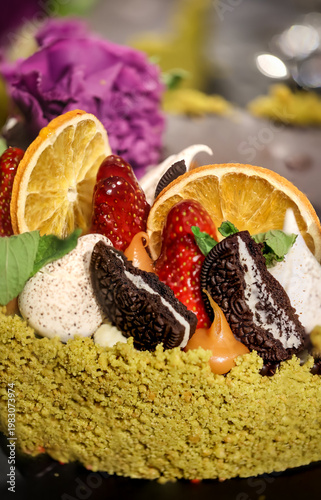 Eine appetitlich zubereitete Süßspeise, Kuchen.