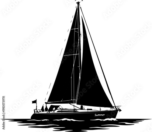 Summer sailboat black silhouette vector illustration