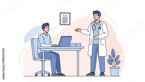 Doctor consulting patient in office, discussing medical records on laptop