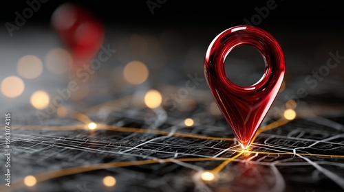 Red location pin on digital map with network connection highlighting navigation tracking system and GPS positioning technology concept