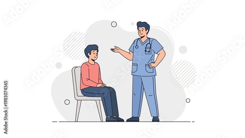 Doctor consulting patient sitting on chair, medical consultation, healthcare concept illustration