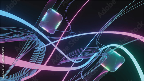 Abstract neon glowing lines and cubes in pink blue and purple hues  futuristic digital art