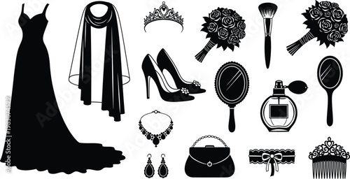 Elegant fashion accessories silhouette collection isolated on transparent background