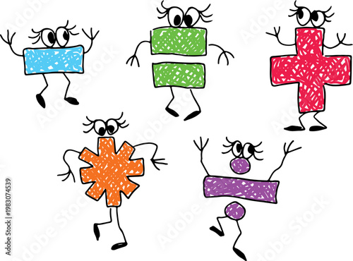 Fun set of vibrant arithmetic symbols featuring eyes and hands, created with rough curved lines. Perfect for creative and playful designs, grunge style