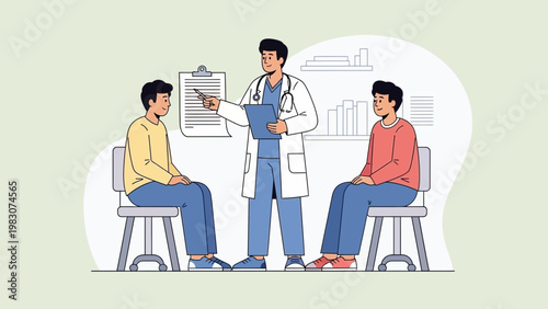 Doctor Consulting Two Young Patients in a Modern Medical Office