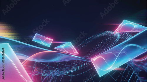 Abstract neon shapes and lines in pink blue and purple hues on dark background