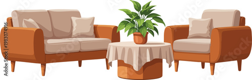 Modern living room furniture set with orange sofa and armchair, cozy lounge interior vector with coffee table and potted plant, home decor illustration