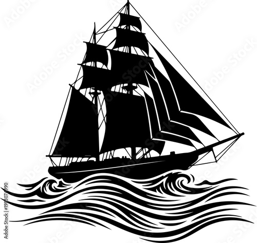 Summer sailboat black silhouette vector illustration