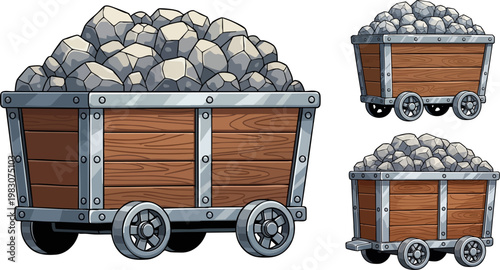 Cartoon mine cart vector set with grey stones, wooden mining trolley collection for game design, industrial ore transport wagons on white background
