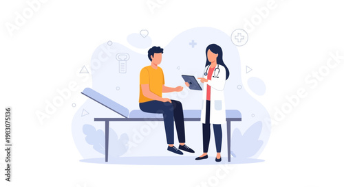 Doctor consulting patient on medical examination table, healthcare concept