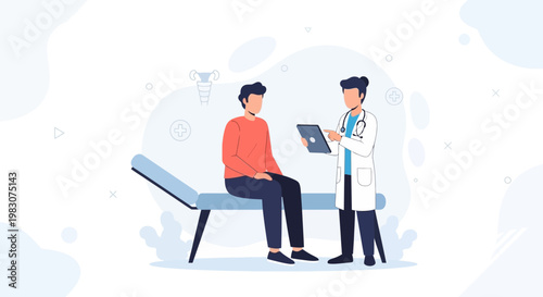 Doctor consulting patient on medical examination table with tablet