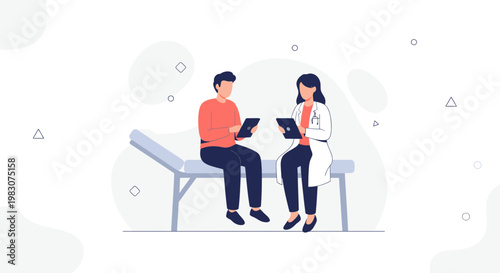 Doctor consulting patient on medical examination table, using tablets