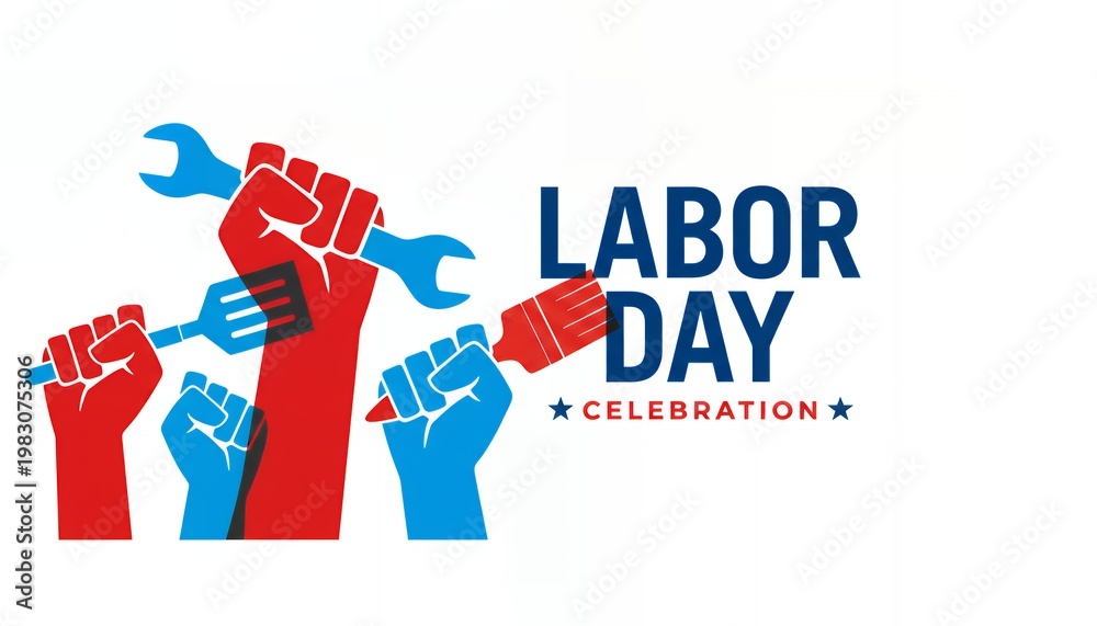 Obraz premium Labor Day Celebration: A vibrant graphic design celebrating Labor Day, featuring raised fists holding symbolic tools against a clear blue sky, signifying the strength and solidarity of the workforce.