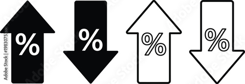Percentage growth and decline icon set. Percent up and down arrows with flat and line style symbols. Vector illustration of financial growth, decrease and analytics icons