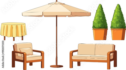 Outdoor patio furniture set vector, garden lounge sofa and armchair with umbrella, backyard terrace dining table and potted topiary plants