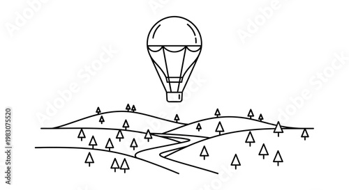 Hot air balloon flying over hills.