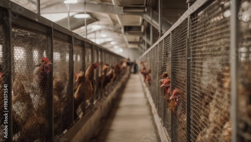 Interior view of a poultry farm. Brown chickens in cages, rows, dimly lit. Industrial setting