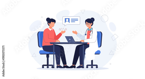 Doctor consulting patient, discussing medical results on laptop, healthcare concept