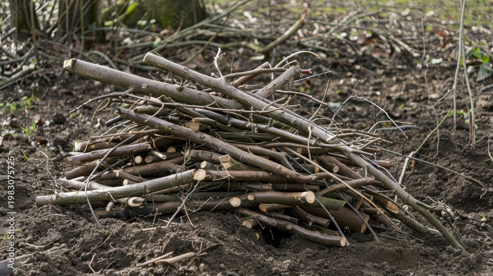Fototapeta premium A pile of dry twigs and branches on the forest floor. The sticks are arranged haphazardly, surrounded by soil and small patches of grass.