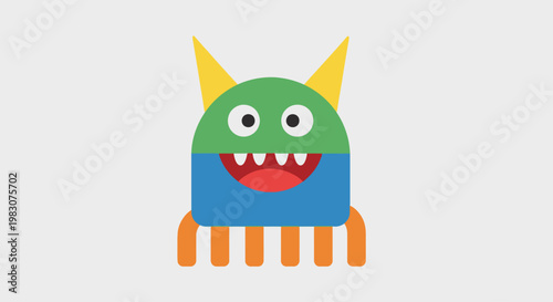 Colorful cartoon monster with sharp teeth.