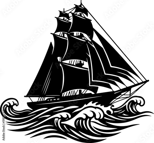 Summer sailboat black silhouette vector illustration