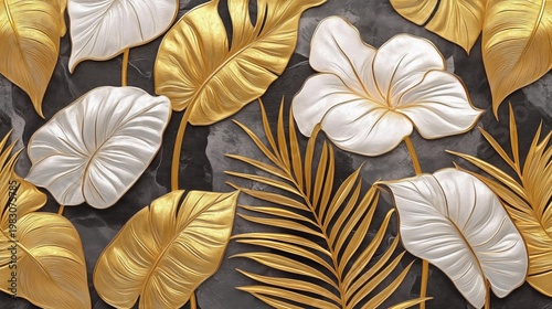 Elegant Golden Foliage Wall Illustration with Tropical Leaves and Flowers for Modern Wallpaper