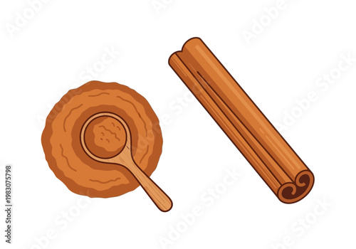 Cinnamon sticks and spoon on plate with powder