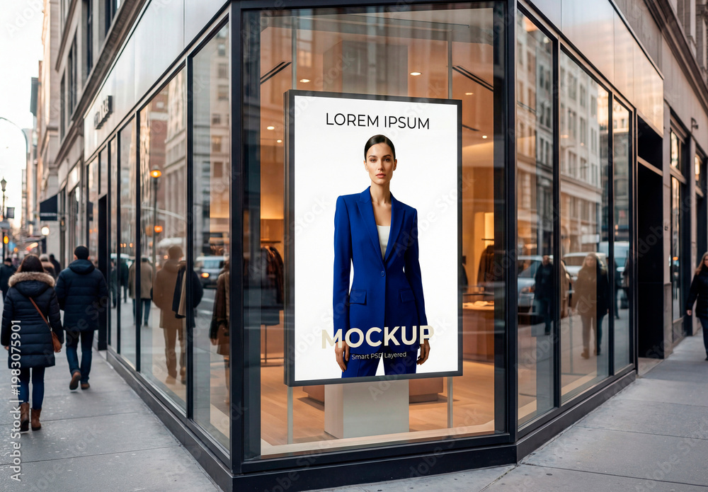 Storefront Window Poster Storefront window poster mockup on modern city corner shop Stock ...