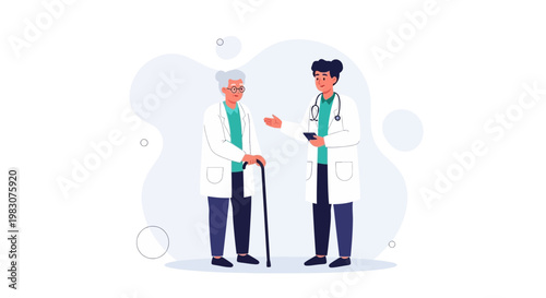 Doctor consulting with elderly patient with cane, healthcare concept