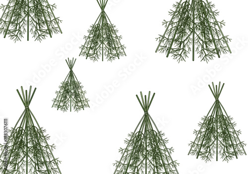 A serene landscape featuring multiple green teepees standing in a natural outdoor setting.