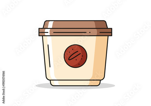 An illustration of a disposable coffee cup with a brown lid and logo on the side
