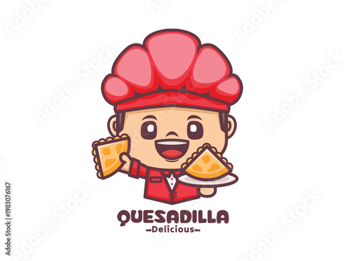Chef mascot with quesadilla, culinary vector illustration