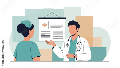 Doctor and nurse discussing medical chart on screen in modern clinic