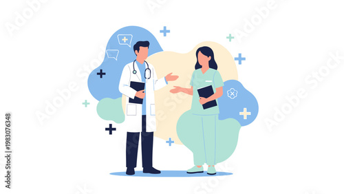 Doctor and nurse discussing medical case with stethoscope and clipboard