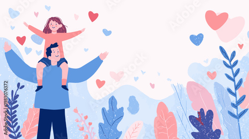 Happy father carrying child on shoulders outdoors, playful Father’s Day vector illustration with warm colors for greeting cards, branding, and storytelling