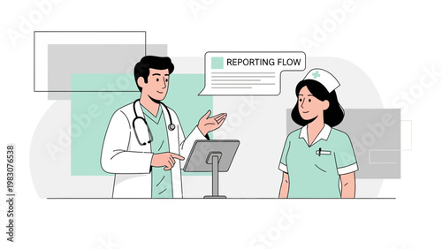 Doctor and nurse discussing reporting flow on tablet in modern clinic