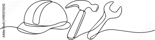 Labor Day Builder Safety Helmet Hammer and Wrench Line Art