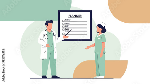 Doctor and nurse planning medical tasks on a checklist board in a clinic