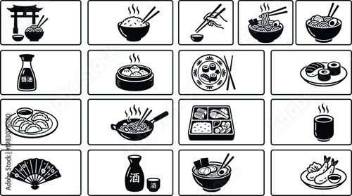 Japanese cuisine vector illustration featuring traditional dishes and utensils in flat design