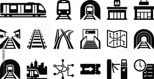 Modern transportation and travel vector illustration with icons of trains, stations, and maps