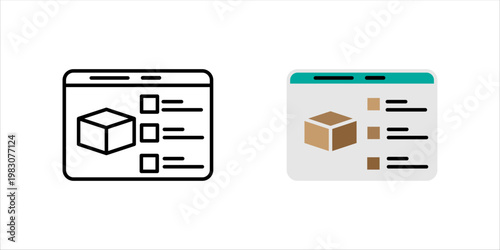 Minimal line icon set. of a dashboard interface with product box and checklist representing product management, system dashboard, and inventory tracking concepts.