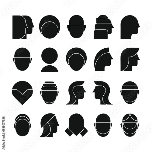 Minimal black user profile icon set, flat vector, isolated on white background, modern UI design, editable stroke