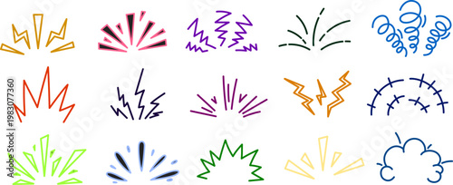 カラフルでポップな手描き風爆発エフェクトとスピードラインのセット 漫画やバナー装飾に使える多用途アイコン素材集