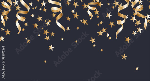 高級感のあるネイビーバックにゴールドのリボンと星が舞う華やかなパーティー演出背景素材 バナーやイベント告知に最適な上品デザイン