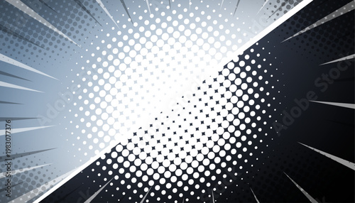 モノクロドットと放射状の集中線が印象的なコミックスタイル背景 インパクトのあるポップアート風デザイン素材