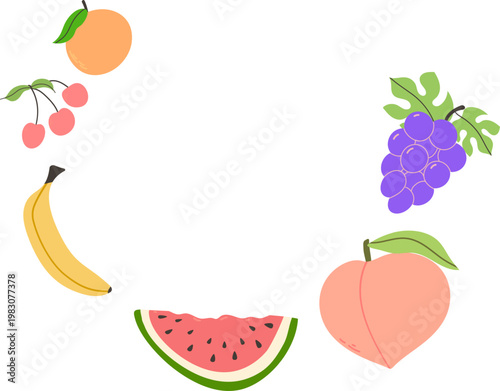 かわいいフラットデザインのフルーツイラストが配置された明るくポップな背景素材 夏や食べ物関連に最適なデザイン