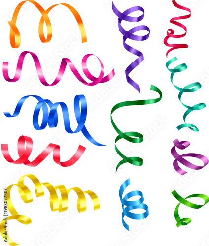 カラフルで立体感のある曲線リボンが自由に舞う華やかでポップな装飾デザイン素材セット